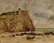 尤金 布丹 : Etretat, Beached Boats and the Cliff of Aval